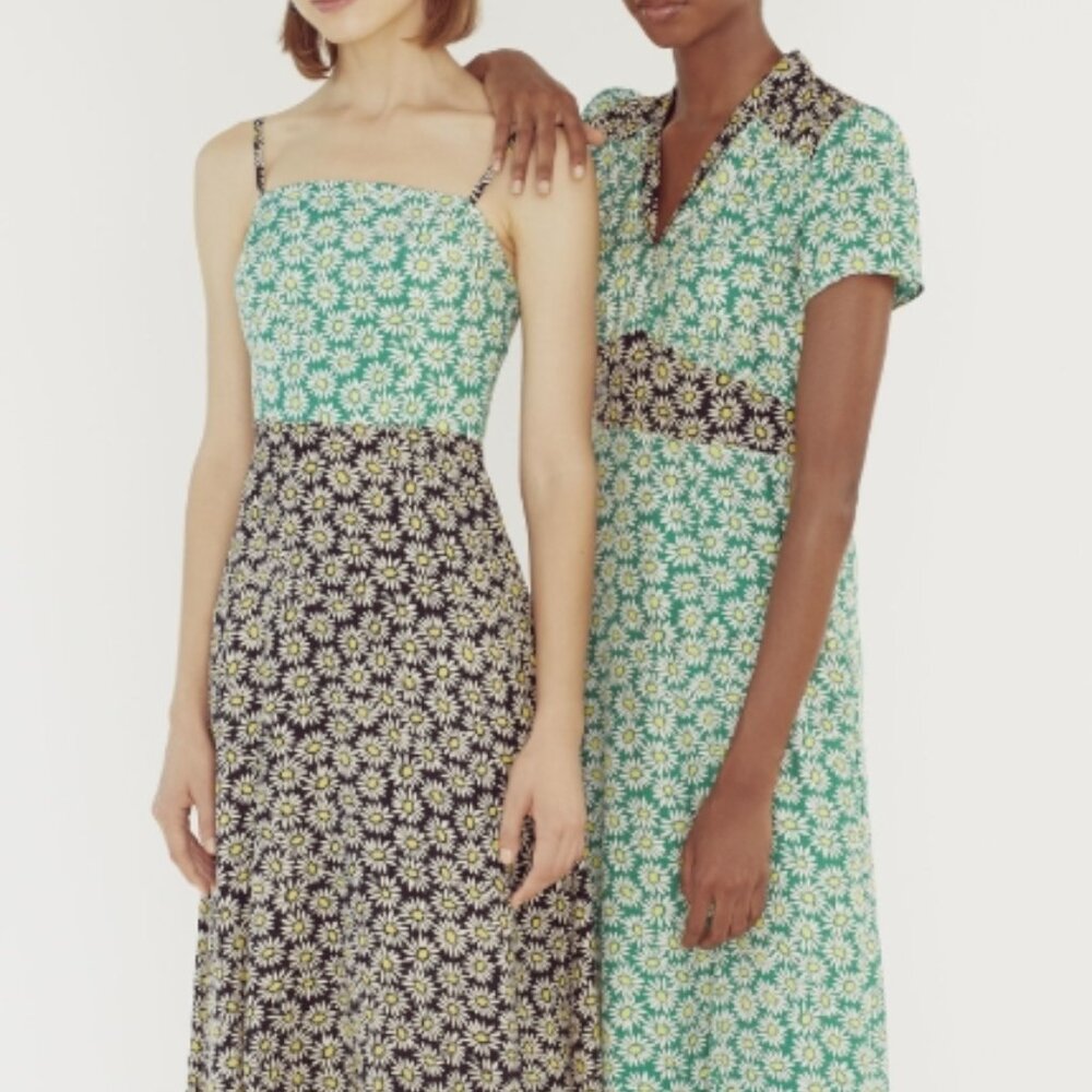 NWOT HVN Nora Floral-print Green Black Silk Midi Dress S $490